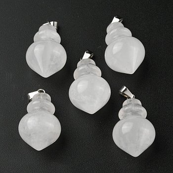 Natural Quartz Crystal Pendants, Rock Crystal Pendants, Pointed Bottle Charms, with Platinum Plated Iron Snap on Bails, 32.5~35x16~17mm, Hole: 3x5.5mm