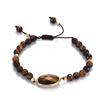 Natural Tiger Eye Braided Bead Bracelets, with Brass Findings and Nylon Thread, Golden, 2 inch~2-3/4 inch(5~7cm), Beads: 6~6.5mm