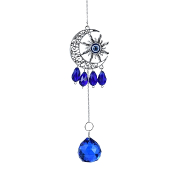 Glass Pendant Decorations, Suncatcher, with Iron Findings, Sun & Moon & Teardrop, Blue, 320mm