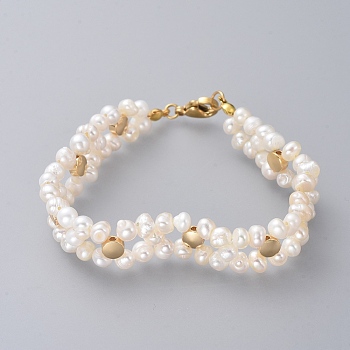 Beaded Bracelets, with Natural Pearl, Brass Findings, Real 18K Gold Plated, 7-1/4 inch(18.5cm), 13mm