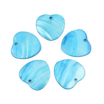 Natural Freshwater Shell Pendants, Dyed, Heart, Deep Sky Blue, 26.5~33x28~33x2~3mm, Hole: 1.8~2mm