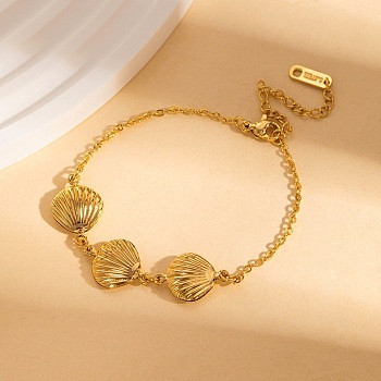 304 Stainless Steel Link Bracelets, Cable Chain Bracelets for Women, Golden, Shell Shape, 6-3/4 inch(17cm)+60mm