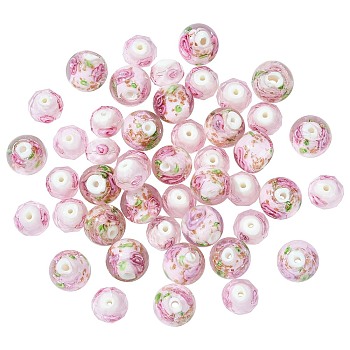 Handmade Lampwork Beads, Round with Flower, Mixed Color, 11~13.5x8~13.5mm, Hole: 1.5~2mm, 25pcs/style