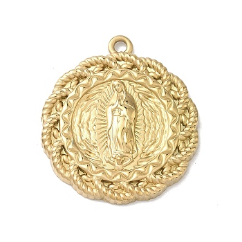 304 Stainless Steel Pendants, Flower with Virgin Mary Pattern Charm,  PVD Vacuum Plating, Real 18K Gold Plated, 25.5x22.5x2.5mm, Hole: 1.6mm
