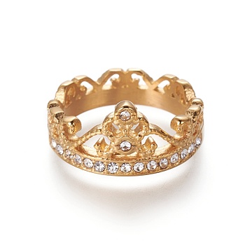 Ion Plating(IP) 304 Stainless Steel Finger Rings, with Rhinestone, Crown, Golden, Size 6~9, 16~19mm