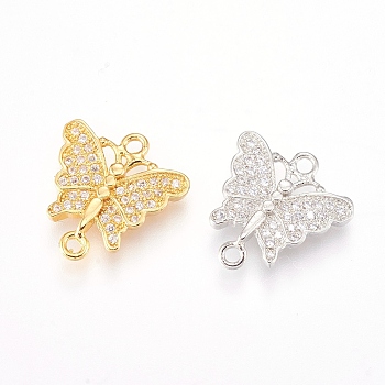 Brass Micro Pave Cubic Zirconia Links, Clear, Butterfly, Mixed Color, 15x14.5x2mm, Hole: 1mm