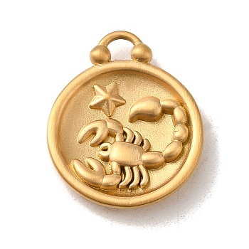 304 Stainless Steel Pendants, Flat Round with Constellations Charm, Matte Gold Color, Scorpio, 20.5x17x3mm, Hole: 2.5x2mm