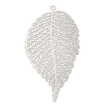 201 Stainless Steel Filigree Pendants, Etched Metal Embellishments, Leaf Charm, Stainless Steel Color, 63x34x0.2mm, Hole: 1.6mm