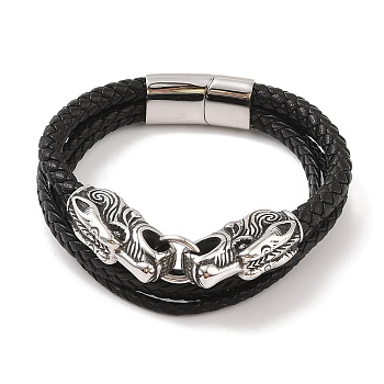 Braided Microfiber Leather Multi-strand Bracelets, 304 Stainless Steel Bracelets for Men, Dragon, 8-5/8x1-1/8 inch(22x2.7cm), Pendant: 64x13.5mm.