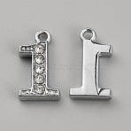 Alloy Rhinestone Charms, Number, Platinum, Num.1: 15x8.5x2.5mm, hole: 1.5mm(ALRI-WH0006-03P-01)