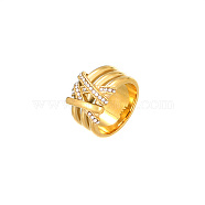 Golden Stainless Steel Rhinestone Wide Band Rings, Crystal, US Size 7(17.3mm)(AG2526-6)