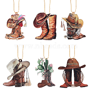 6 Sets 6 Styles Acrylic Cowboy Boot Car Hanging Decoration, with Rope, Mixed Color, 73~80x50~76x3mm, Hole: 2.4mm, 1 set/style(HJEW-GA0001-51)