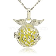 Silver Color Plated Brass Hollow Round Cage Pendants, with No Hole Spray Painted Brass Ball Beads, Champagne Yellow, 26x26x19mm, Hole: 3x8mm(KK-J230-04S)