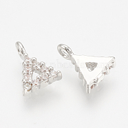 Brass Micro Pave Cubic Zirconia Charms, Triangle, Nickel Free, Real Platinum Plated, 6.5x5x1.5mm, Hole: 1mm(ZIRC-Q014-058P)