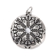 Tibetan Style 304 Stainless SteelManual Polishing Big Pendants, with Cat Eye & Jump Rings, Flat Round with Runes Charms, Antique Silver, 41x37x6mm, Hole: 7mm(STAS-G276-06AS)
