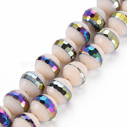 Electroplate Opaque Solid Color Glass Beads Strands, Rainbow Color Plated, Faceted, Round, Bisque, 10x9.5mm, Hole: 1.4mm, about 39~40pcs/strand, 14.17 inch~14.57 inch(36~37cm)(EGLA-N006-031-B06)