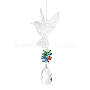 Metal Hollow Hummingbird Hanging Ornaments, Glass Tassel Suncatcher for Window Garden Decoration, Teardrop, 280mm(PW-WG0918C-03)