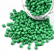 8/0 Baking Paint Glass Seed Beads, Round Hole, Round, Green, 3~3.5x2mm, Hole: 1~1.2mm, about 10000Pcs/pound(SEED-R051-07B-09)