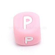 Silicone Alphabet Beads for Bracelet or Necklace Making, Letter Style, Pink Cube, Letter.P, 12x12x12mm, Hole: 3mm(SIL-TAC001-01B-P)