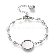 Valentine's Day 304 Stainless Steel Bracelet Making, with Lobster Claw Clasps, Flower Link Chains and Flat Round Cabochon Settings, Stainless Steel Color, Tray: 14mm, 6-1/2 inch(16.5cm)(STAS-L248-007P-A)