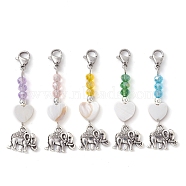 Glass Pendant Decorations, with Tibetan Style Alloy Charms, Heart with Elephant, Mixed Color, 46mm(HJEW-JM01831)