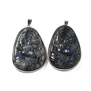 Natural Labradorite Carved Deer Big Pendants, Egg Shaped Charms with Platinum Plated Rack Plating Brass Snap on Bails, 53x32x8mm, Hole: 5x4mm(G-B085-10P)