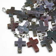 Natural Indian Agate Pendants, with Stainless Steel Snap On Bails, Cross, 29~30x18~19x5~6mm, Hole: 6x4mm(G-T080-05)