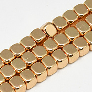 Electroplate Non-magnetic Synthetic Hematite Beads Strands, Cube, Light Gold Plated, 6x6x5mm, Hole: 2mm, about 77pcs/strand, 15.94 inch(G-Q465-33KC)