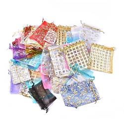 Printed Organza Bags with Drawstring, Jewelry Pouches, Gift Bags, Rectangle, Mixed Color, 7.3~30x5.5~21.5cm(OP-XCP0001-04)