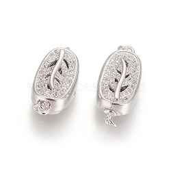 Anti-Tarnish Rhodium Plated 925 Sterling Silver Box Clasps, with Cubic Zirconia, with 925 Stamp, Oval with Leaf, Platinum, Clear, 18x8x7mm, Hole: 1mm(STER-L059-05P)