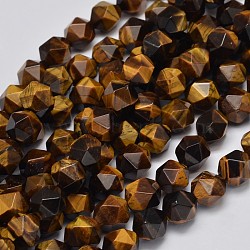 Faceted Natural Tiger Eye Beads Strands, Star Cut Round Beads, 10x9mm, Hole: 1mm, about 38pcs/strand, 14.5 inch(G-K066-01-10mm)
