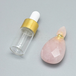 Faceted Natural Rose Quartz Openable Perfume Bottle Pendants, with Brass Findings and Glass Essential Oil Bottles, 40~43x21~23x12~13mm, Hole: 0.8mm; Glass Bottle Capacity: 3ml(0.101 fl. oz); Gemstone Capacity: 1ml(0.03 fl. oz)(G-E556-07D)