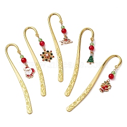 Christmas Theme Alloy  Hook Bookmarks, Alloy Enamel Pendants and Glass Beads Bookmarks, Mixed Shapes, 118x22x2mm(AJEW-JK00334)