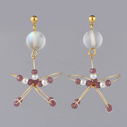 (Jewelry Parties Factory Sale)Dangle Stud Earrings, with Brass Stud Earrings Findings, Glass, Synthetic Moonstone Beads, Earring Backs and Cardboard Box, Flower, Golden, Old Rose, 50mm, Pin: 0.7mm(EJEW-JE03694-03)