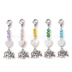 Glass Pendant Decorations, with Tibetan Style Alloy Charms, Heart with Elephant, Mixed Color, 46mm(HJEW-JM01831)