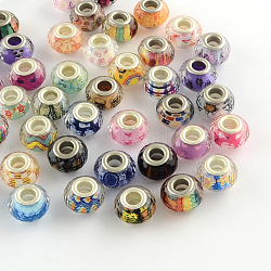 Large Hole Resin European Beads, with Silver Color Plated Brass Double Cores, Faceted Rondelle, Mixed Pattern, Mixed Color, 14x9~10mm, Hole: 5mm(OPDL-Q129-M06)