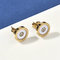 304 Stainless Steel Earrings, Flat Round, with Resin, Golden, White, 10mm(EJEW-D350-04G-01)