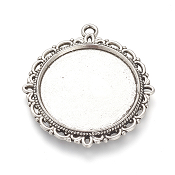 Tibetan Style Alloy Pendant Cabochon Settings, Flat Round, Cadmium Free & Lead Free, Antique Silver, Tray: 25mm, 37x34x2mm, Hole: 2mm