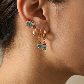 3 Pairs 304 Stainless Steel Enamel Hoop & Stud Earring Sets, Golden, Fish, Blue, 5~28x5~14mm