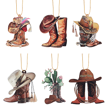 6 Sets 6 Styles Acrylic Cowboy Boot Car Hanging Decoration, with Rope, Mixed Color, 73~80x50~76x3mm, Hole: 2.4mm, 1 set/style