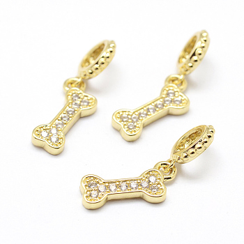 Brass Micro Pave Grade AAA Cubic Zirconia European Dangle Charms, Large Hole Pendants, Bone, Lead Free & Nickel Free & Cadmium Free, Real 18K Gold Plated, 13.5x6x1.5mm, Hole: 4mm