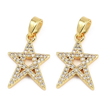 Brass Micro Pave Cubic Zirconia Pendants, Cadmium Free & Lead Free, Star Charms, Real 18K Gold Plated, 17x12x2mm, Hole: 5x2.5mm