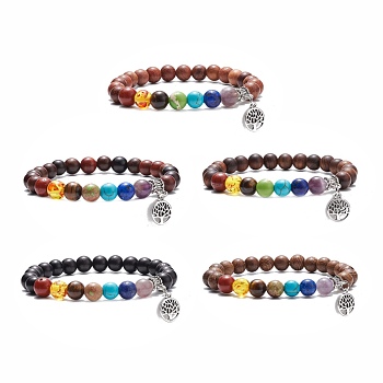 Natural Wood & Gemstone Round Beaded Stretch Bracelet with Alloy Tree Charm, 7 Chakra Jewelry for Women, Inner Diameter: 2-3/8 inch(5.9cm)