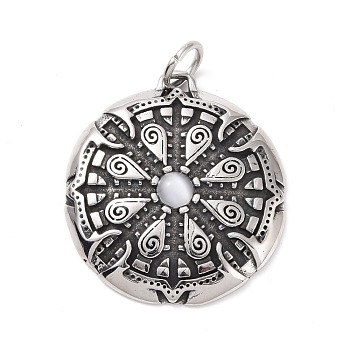 Tibetan Style 304 Stainless SteelManual Polishing Big Pendants, with Cat Eye & Jump Rings, Flat Round with Runes Charms, Antique Silver, 41x37x6mm, Hole: 7mm