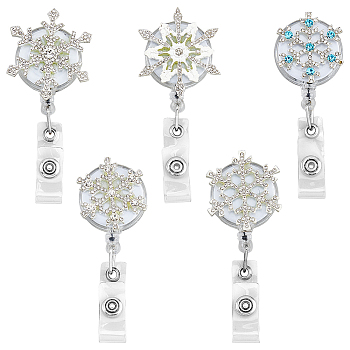 1 Set Snowflake Badge Reel, Alloy Rhinestone & ABS Plastic Retractable Badge Holder, Platinum, 115~120mm, 5pcs/set