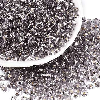 6/0 Baking Paint Transparent Glass Seed Beads, Silver Lined, Teardrop, Dark Gray, 4~5x4~4.5x3~4mm, Hole: 1~1.2mm, about 4500pcs/pound