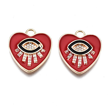 Brass Micro Pave Clear Cubic Zirconia Pendants, with Enamel, Nickel Free, Real 18K Gold Plated, Heart with Eye, Red, 21x18.5x2mm, Hole: 3mm