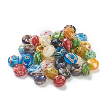 Handmade Millefiori Lampwork European Beads, Large Hole Beads, Rondelle, Mixed Color, 14x8.5mm, Hole: 5.5mm