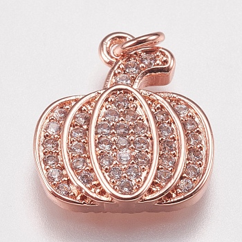 Brass Micro Pave Cubic Zirconia Charms, Pumpkin, Rose Gold, 15x13x2.5mm, Hole: 2mm