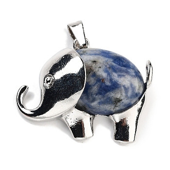 Natural Blue Spot Jasper Pendants, Elephant Charms with Alloy Findings, Platinum, 29x37~37.5x9.5~10mm, Hole: 3x9mm
